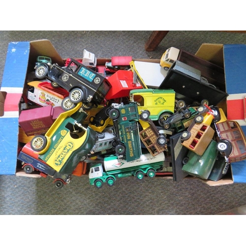 126 - THREE BOXES OF UNBOXED DIE CAST VEHICLES BY CORGI, Matchbox, Dinky, Welly etc., one box mainly cars,... 