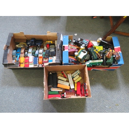 126 - THREE BOXES OF UNBOXED DIE CAST VEHICLES BY CORGI, Matchbox, Dinky, Welly etc., one box mainly cars,... 