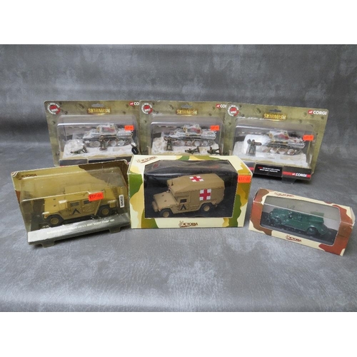 24 - THREE BOXED CORGI 'SKIRMISH' CC60213 PANTHER AUSF G TANKS, and 3 infantry figures Ardennes 1944, tog... 