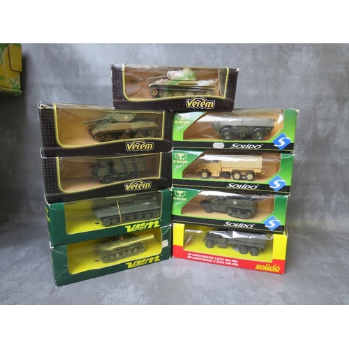 39 - NINE BOXED MILITARY VEHICLES BY VEREM ADN SOLIDO, to incldue tanks, wagons, half track etc.