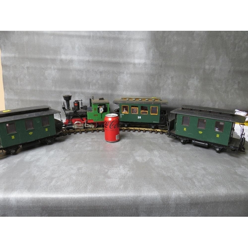 5 - LEHMANN GARDEN SCALE LGB LOCOMOTIVE No.2, together with three green Lehmann LGB carriages