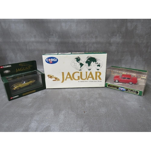 58 - BOXED CORGI 3 CLASSIC JAGUAR BOX SET  97700, boxed Corgi E Type Jaguar soft top gold plated 02802 an... 