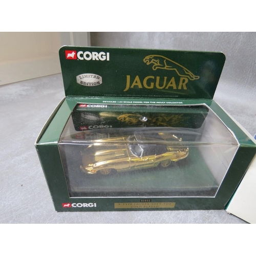 58 - BOXED CORGI 3 CLASSIC JAGUAR BOX SET  97700, boxed Corgi E Type Jaguar soft top gold plated 02802 an... 