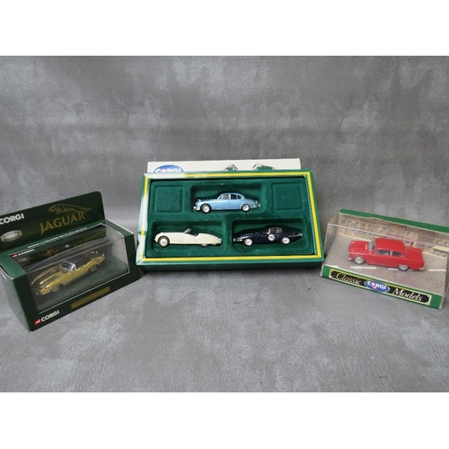 58 - BOXED CORGI 3 CLASSIC JAGUAR BOX SET  97700, boxed Corgi E Type Jaguar soft top gold plated 02802 an... 