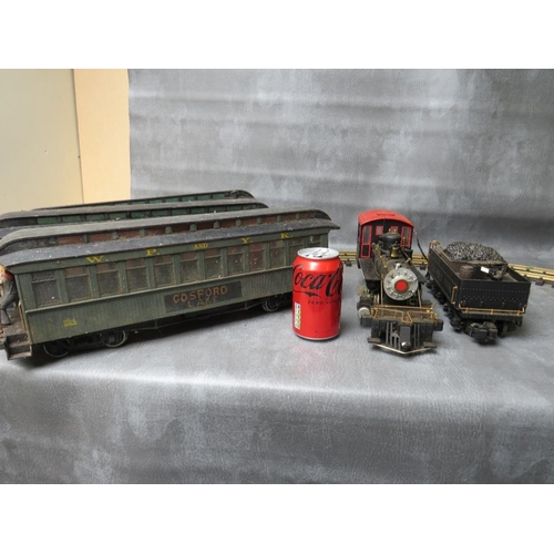 6 - BACHMANN GARDEN SCALE LOCOMOTIVE AND TENDER, together with three BAchmann carriages (One A/F - set o... 