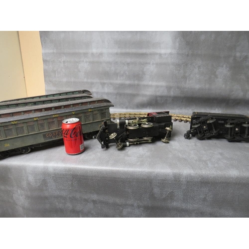 6 - BACHMANN GARDEN SCALE LOCOMOTIVE AND TENDER, together with three BAchmann carriages (One A/F - set o... 