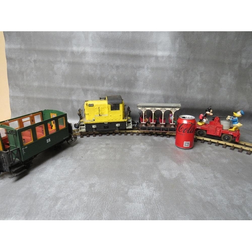 7 - GARDEN GAUGE LOCOMOTIVE, together with a Lehmann LGB open carriage, a Lionel Mickey Mouse / Donald D... 