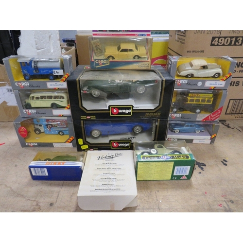 137 - TWO BOXED BURAGO 1:18 SCALE CARS, 1991 Bugatti and 1961 Jaguar, both boxes A/F, six boxed Corgi Clas... 