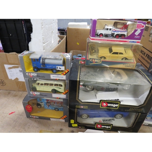 137 - TWO BOXED BURAGO 1:18 SCALE CARS, 1991 Bugatti and 1961 Jaguar, both boxes A/F, six boxed Corgi Clas... 