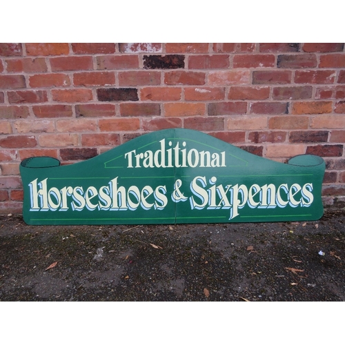 82 - A MODERN FOLDING PAINTED WOOD FAIRGROUND SIGN, inscribed 'Traditional, Horseshoes and Sixpences', gr... 