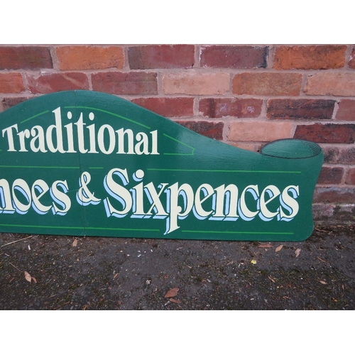 82 - A MODERN FOLDING PAINTED WOOD FAIRGROUND SIGN, inscribed 'Traditional, Horseshoes and Sixpences', gr... 