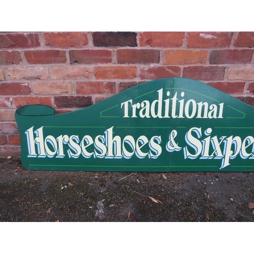 82 - A MODERN FOLDING PAINTED WOOD FAIRGROUND SIGN, inscribed 'Traditional, Horseshoes and Sixpences', gr... 