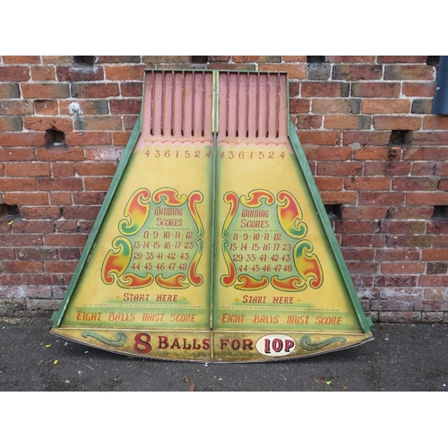 83 - A MID 20TH CENTURY PAINTED WOOD FAIRGROUND ROLL A BALL GAME BOARD, mainly in green and yellow, 145 c... 