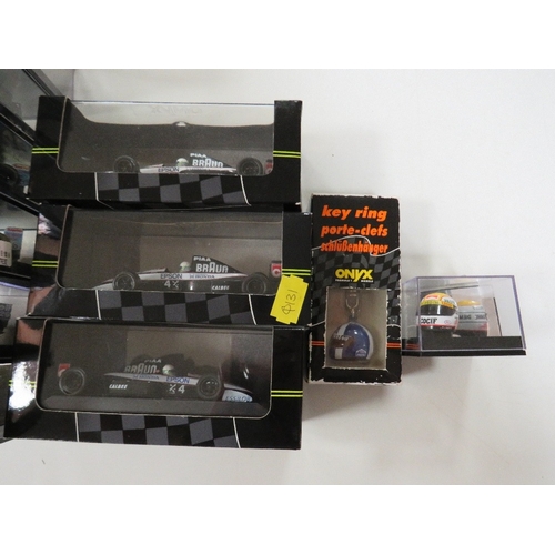 149 - TEN ONYX FORMULA ONE RACING CARS, all 1:43 scale, together with an Onyx Formula One helmet and an On... 