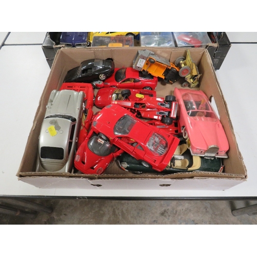 152 - TWO TRAYS OF MAINLY UNBOXED DIE CAST VEHICLES, to include 1:18, 1:24 scales and smaller