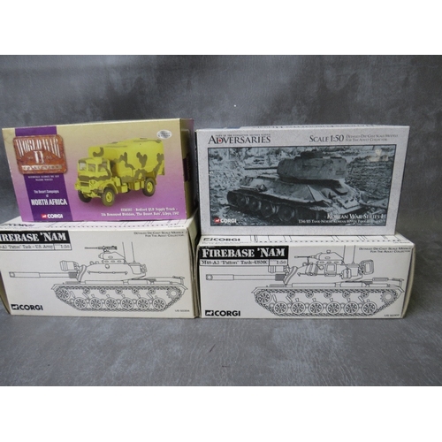 155 - FOUR BOXED CORGI MILITARY VEHICLES, to include Firebase NAM M48-A3Patton tank 1:50 scale x 2, WW2 co... 