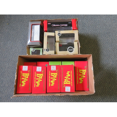 157 - TWO BOXES OF EMPTY DIE CAST BOXES, one containing Britbus boxes, one containing Oxford Diecast and C... 