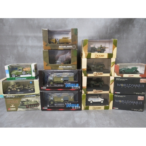 158 - FOURTEEN MIXED MAKE BOXED MILITARY VEHICLES, to include two nine double nine Bedford QLD Army fire t... 