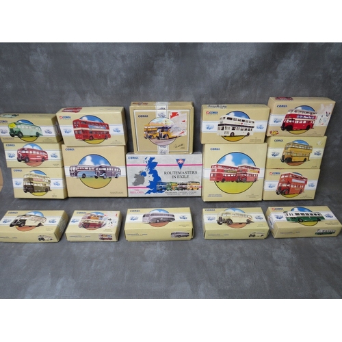 161 - SEVENTEEN BOXED CORGI BUSES / COACHES, to include Routemasters In Exile The Midlands four pack 97067... 