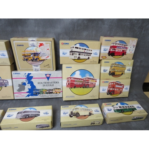 161 - SEVENTEEN BOXED CORGI BUSES / COACHES, to include Routemasters In Exile The Midlands four pack 97067... 