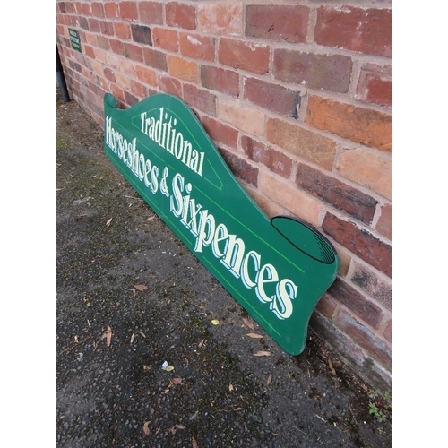 82 - A MODERN FOLDING PAINTED WOOD FAIRGROUND SIGN, inscribed 'Traditional, Horseshoes and Sixpences', gr... 