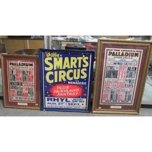 208 - A Billy Smarts Circus poster together with two London Palladium small bill posters circa 1930 (3)