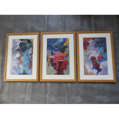 238 - A matched set of three framed and glazed abstract oil paintings signed Sucher and marked Portugal to... 