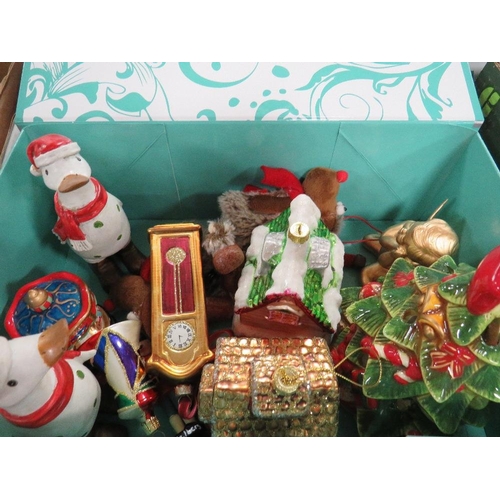 256 - A small box of Christmas decorations together with a tray of Christmas ceramics (2)