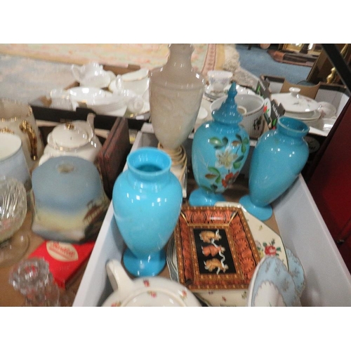 259 - Two trays of ceramics and glass to include Wedgwood and a vintage decorative hand painted light shad... 