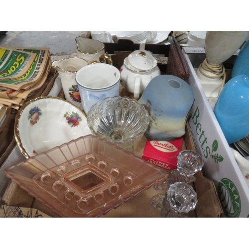 259 - Two trays of ceramics and glass to include Wedgwood and a vintage decorative hand painted light shad... 