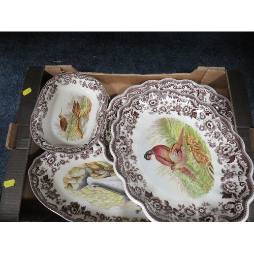 269 - Three trays of assorted Spode Woodland dinner ware to include a lidded tureen etc.