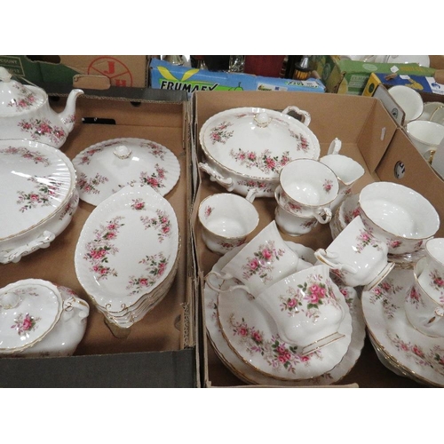 285 - Two trays of Royal Albert Lavender Rose tea and dinner ware