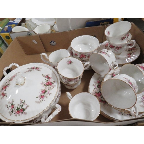 285 - Two trays of Royal Albert Lavender Rose tea and dinner ware