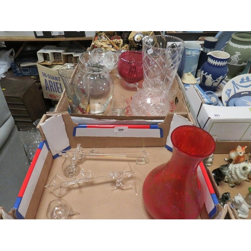 289 - Two trays of assorted glassware to include a Royal Brierley glass vase etc