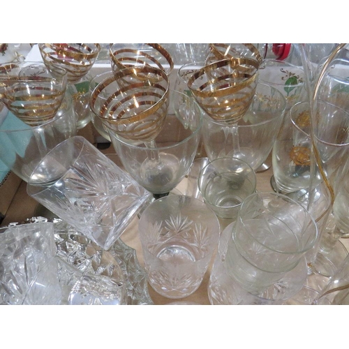 298 - Two trays of assorted glassware to include boxed Stuart Crystal glasses