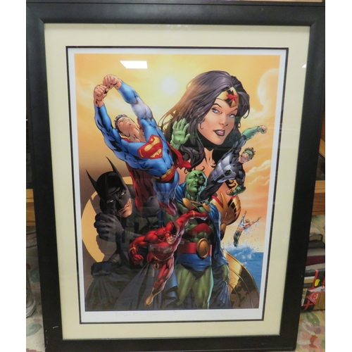 169 - A LARGE FRAMED AND GLAZED WARNER BROS LIMITED EDITION LITHOGRAPH  'THE JUSTICE LEAGUE OF AMERICA: PO... 