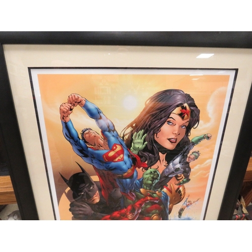 169 - A LARGE FRAMED AND GLAZED WARNER BROS LIMITED EDITION LITHOGRAPH  'THE JUSTICE LEAGUE OF AMERICA: PO... 