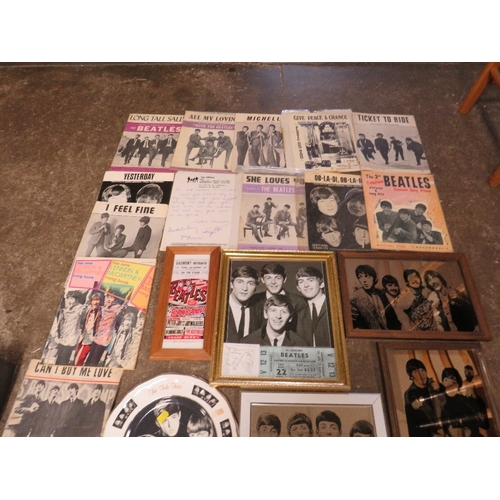 174 - A LARGE COLLECTION OF BEATLES PICTURES, PICTURE MIRRORS, sheet music, photographs, Fan Club Material... 