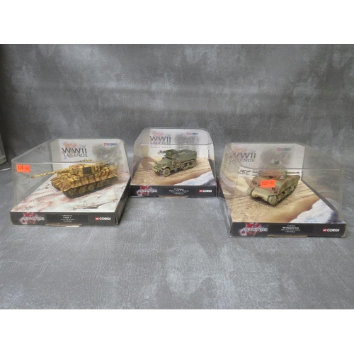 45 - THREE BOXED CORGI LEGEND MILITARY VEHICLES, to include CC60502 Tiger Tank,CC51015 M4 Sherman tank an... 