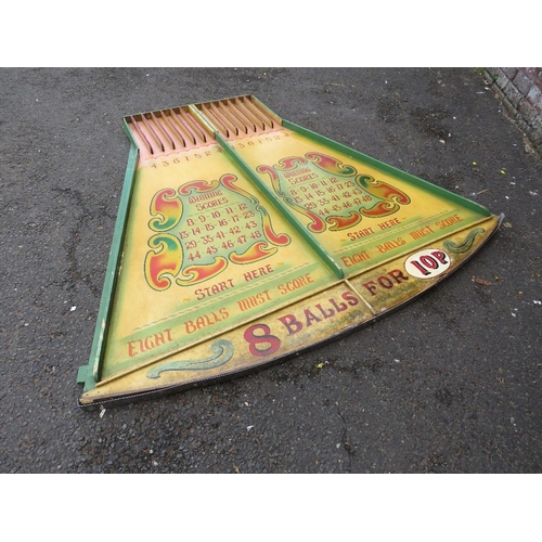 83 - A MID 20TH CENTURY PAINTED WOOD FAIRGROUND ROLL A BALL GAME BOARD, mainly in green and yellow, 145 c... 