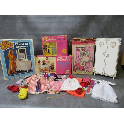 105 - BOXED VINTAGE SINDY TOYS. to include wardrobe, table & chairs and working sink unit, together with a... 