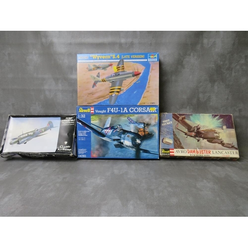 106 - FOUR AEROPLANE MODEL KITS, to include Revell 1:32 scale F4U-1A Corsair, Trumpeter 1:48 scale Wyvern ... 