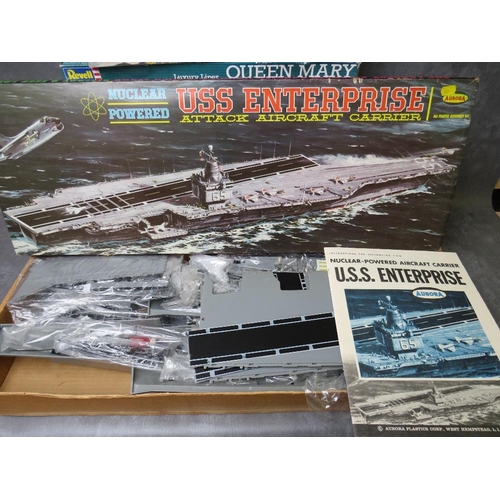 107 - FOUR SHIPS MODEL KITS, to include Aurora USS Enterprise aircraft carrier with instructions and trans... 