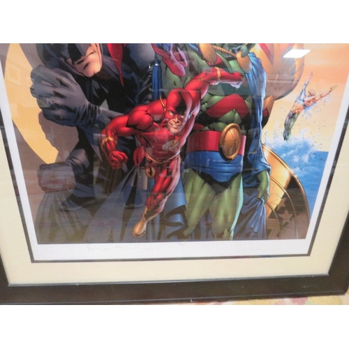 169 - A LARGE FRAMED AND GLAZED WARNER BROS LIMITED EDITION LITHOGRAPH  'THE JUSTICE LEAGUE OF AMERICA: PO... 