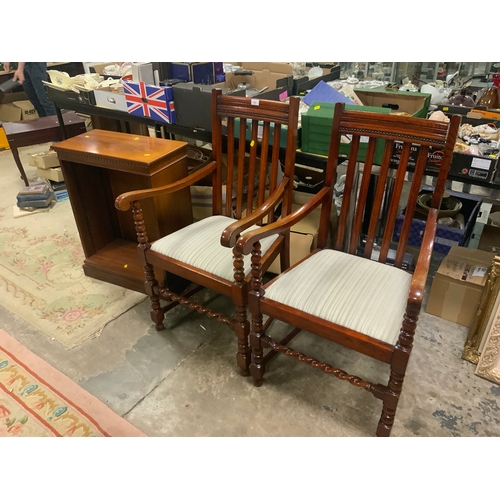 737 - A pair of oak barleytwist armchairs together with a small mahogany bookcase