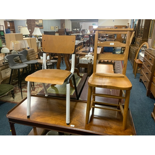 753 - A solid oak church type chair together with an industrial style chair (2)