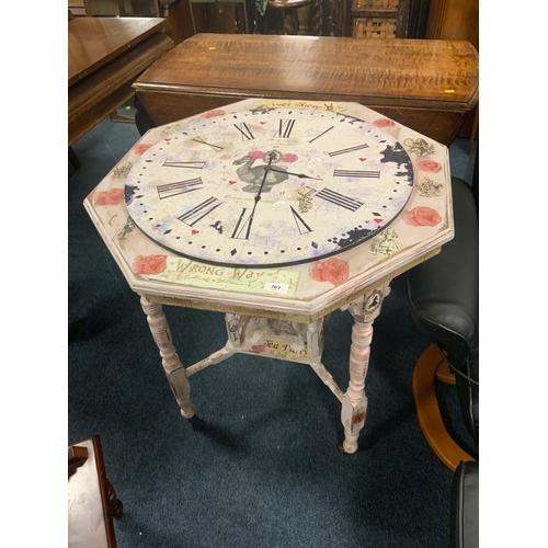 763 - An Alice In Wonderland decoupage style papered painted Edwardian table with attached central circula... 