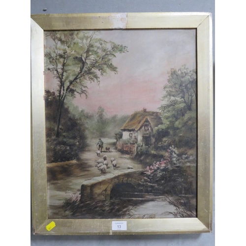 9 - AN OIL ON CANVAS OF A SHEPHERD AND SHEEP CROSSING A BRIDGE, TOGETHER WITH A DUTCH OIL ON CANVAS 'BES... 