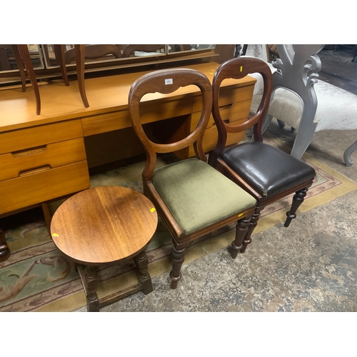 773 - Two Victorian mahogany dining chairs together with a small oak occasional table and three prints