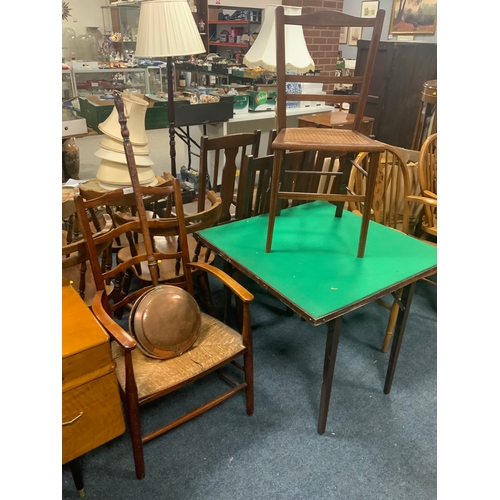 777 - A vintage card table together with an oak armchair, Edwardian chair and brass warming pan (4)